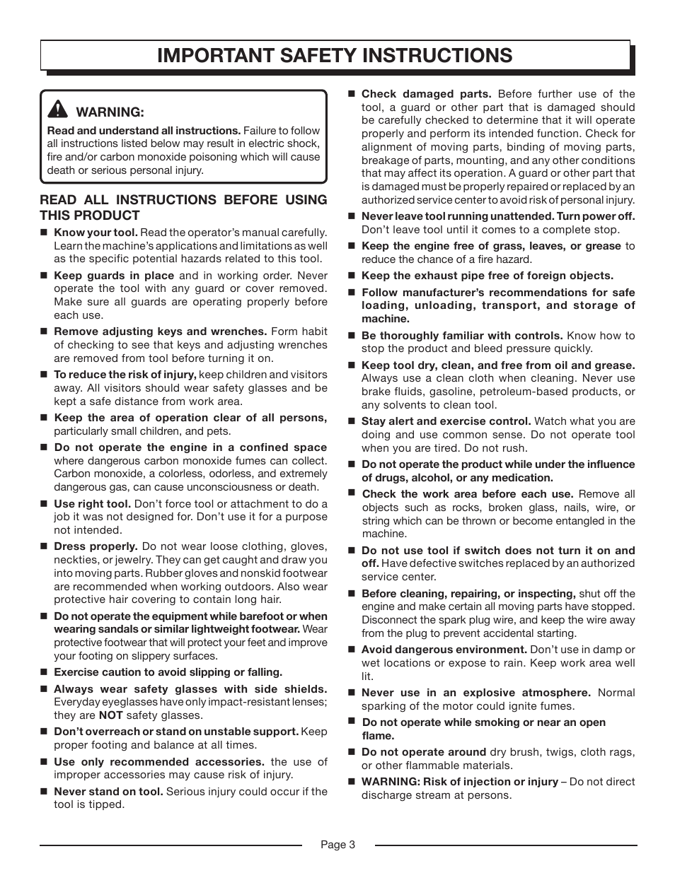 Important safety instructions | Homelite HP3127S User Manual | Page 3 / 26