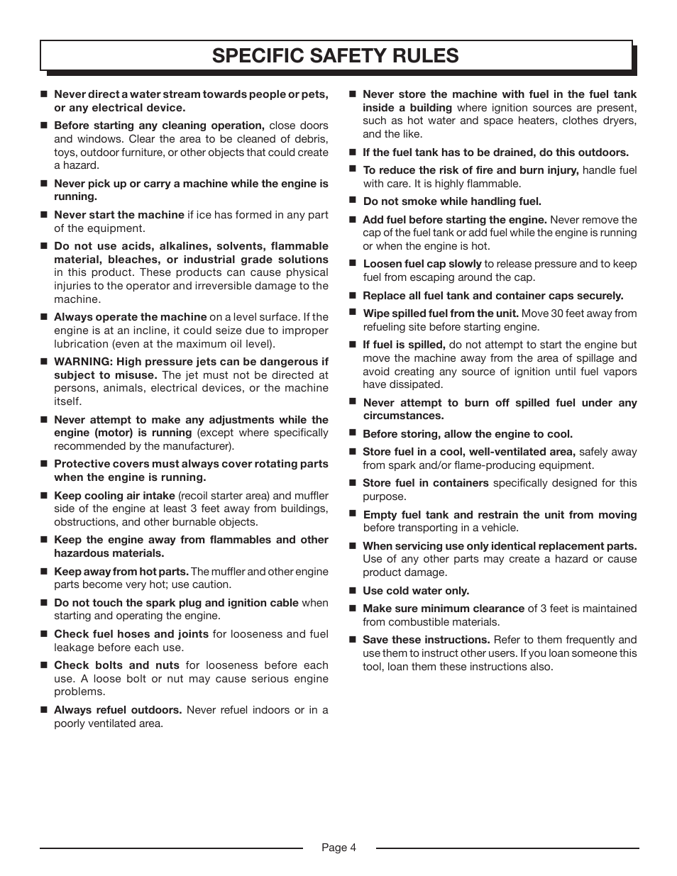 Specific safety rules | Homelite HP3127S User Manual | Page 4 / 26