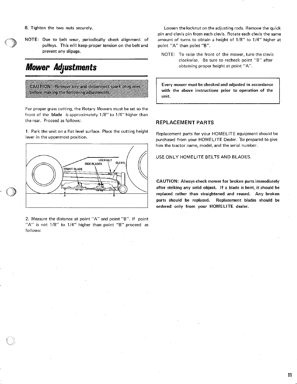Mower adjustments, Replacement parts | Homelite Rotary Mowers User Manual | Page 11 / 12