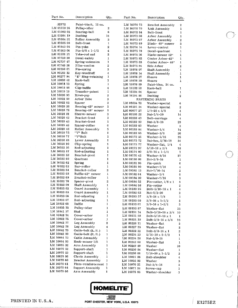Printed in u. s. a, E1275ez | Homelite Rotary Mowers User Manual | Page 12 / 12