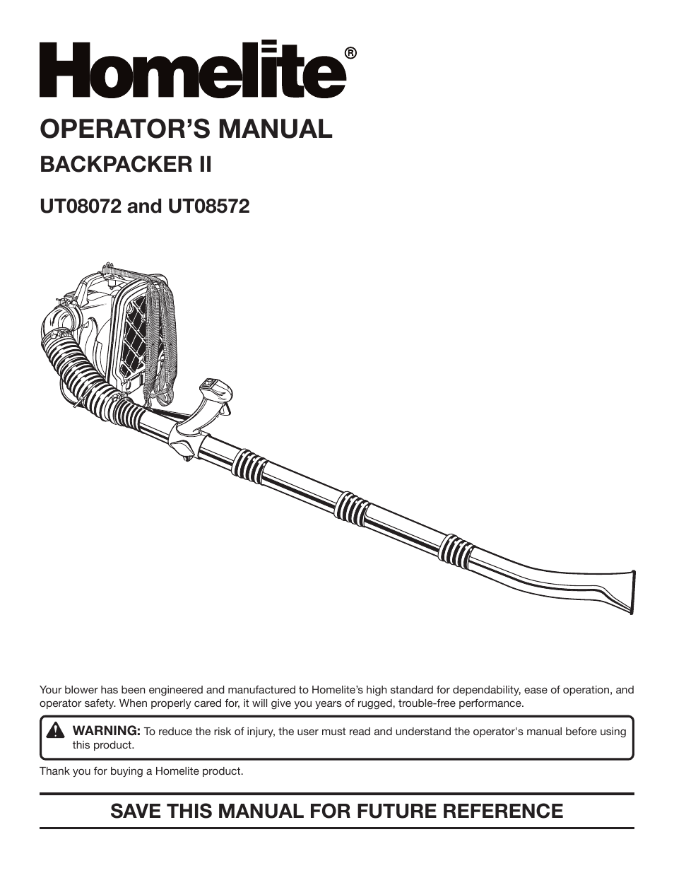 Homelite BACKPACKER II UT08572 User Manual | 18 pages