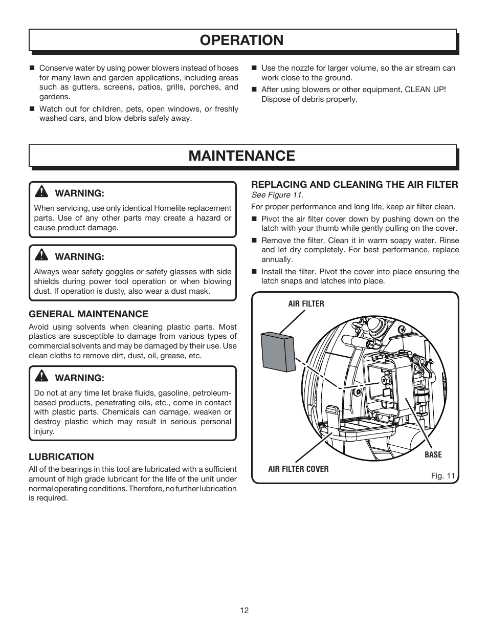 Operation, Maintenance | Homelite BACKPACKER II UT08572 User Manual | Page 12 / 18