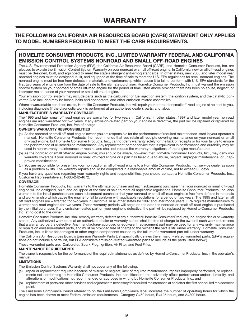 Warranty | Homelite BACKPACKER II UT08572 User Manual | Page 16 / 18