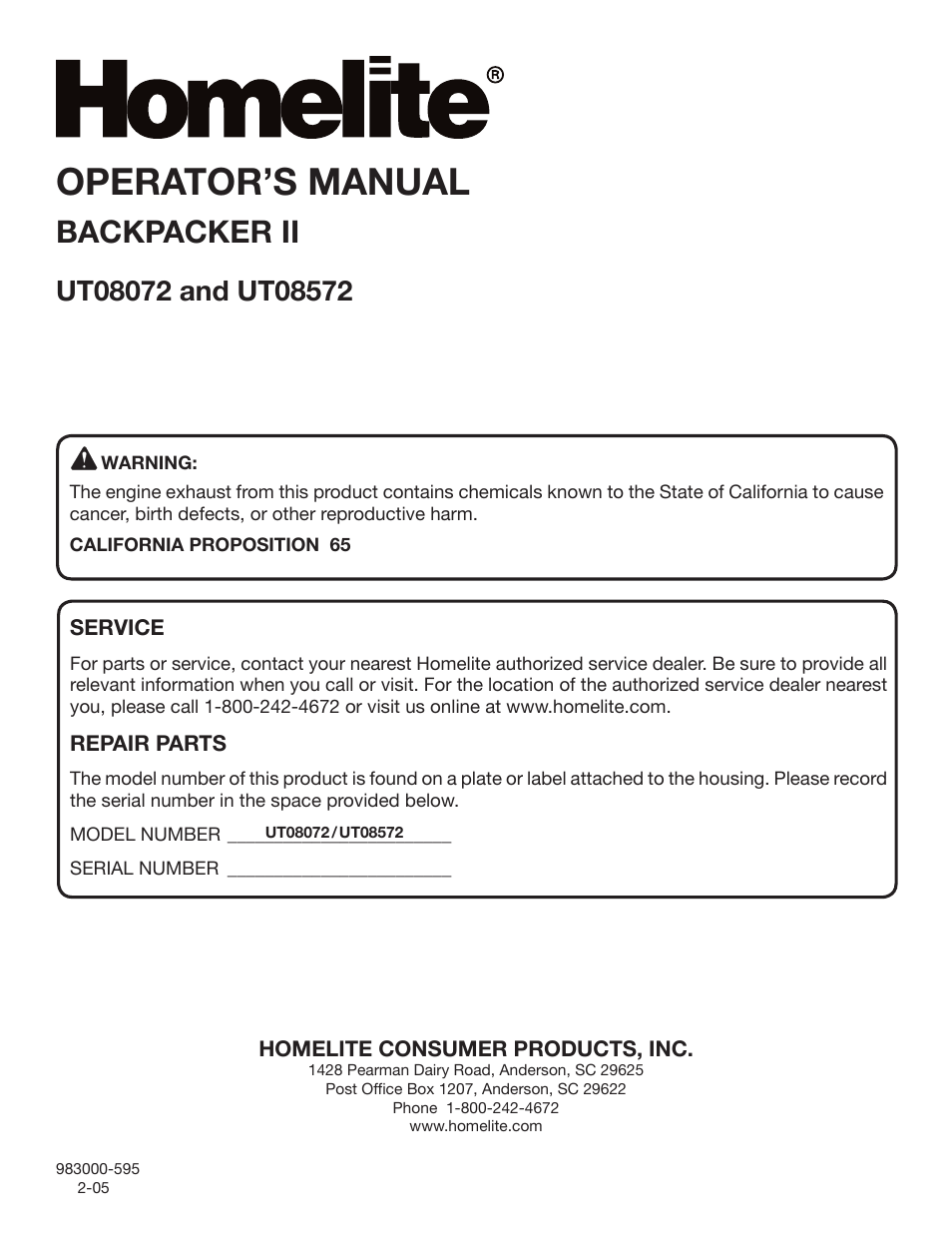 Operator’s manual, Backpacker ii | Homelite BACKPACKER II UT08572 User Manual | Page 18 / 18