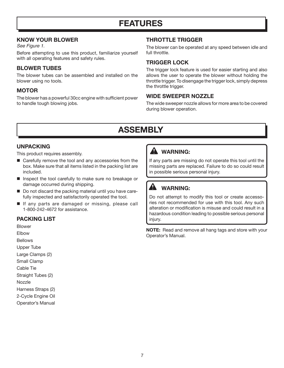 Features, Assembly | Homelite BACKPACKER II UT08572 User Manual | Page 7 / 18