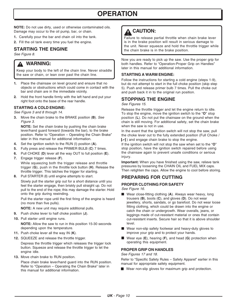 Operation, Warning, Caution | Starting the engine, Stopping the engine, Preparing for cutting | Homelite UT74121D User Manual | Page 10 / 20