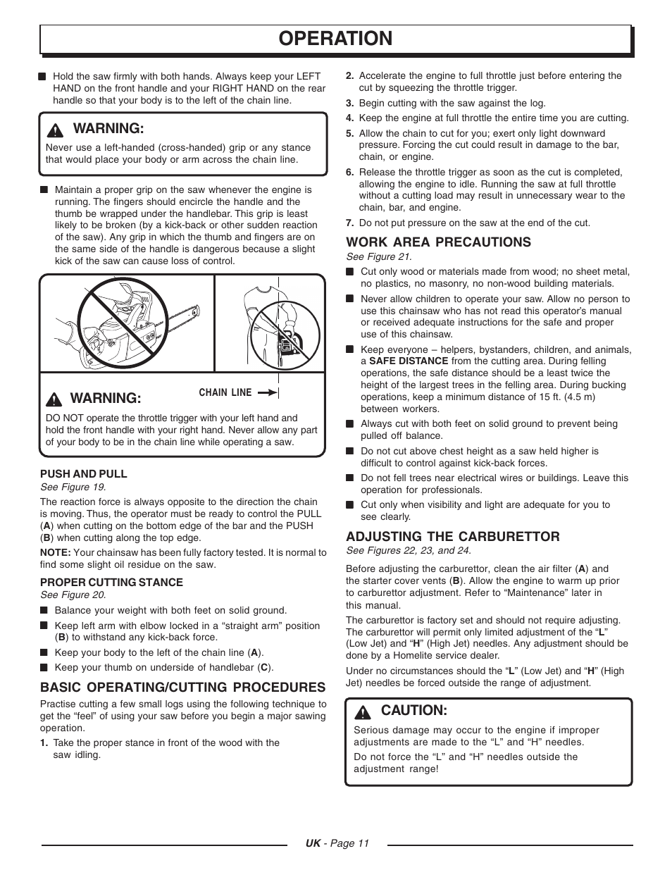 Operation, Warning, Caution | Basic operating/cutting procedures, Work area precautions, Adjusting the carburettor | Homelite UT74121D User Manual | Page 11 / 20