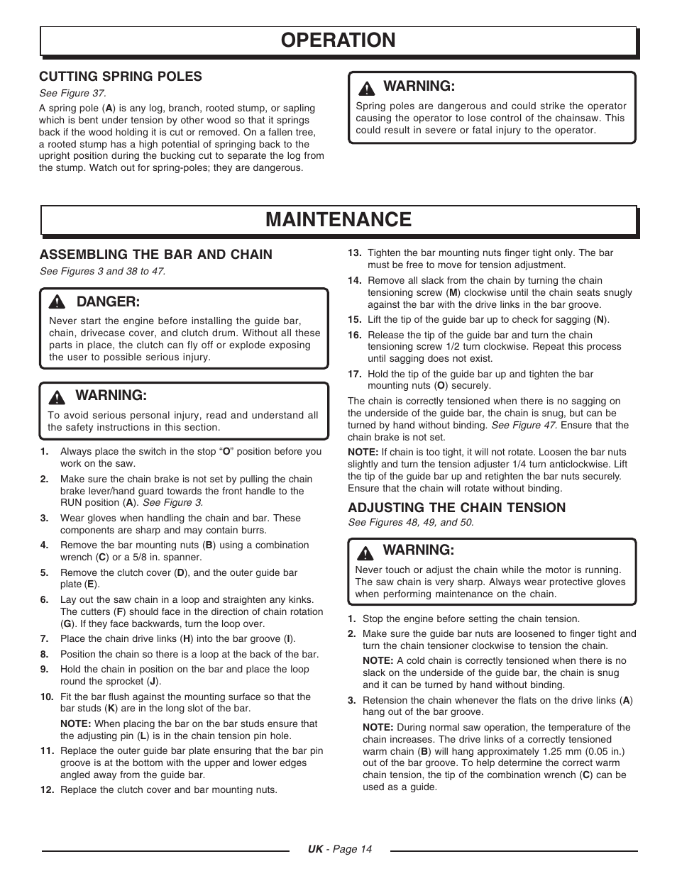 Operation, Maintenance, Warning | Danger | Homelite UT74121D User Manual | Page 14 / 20