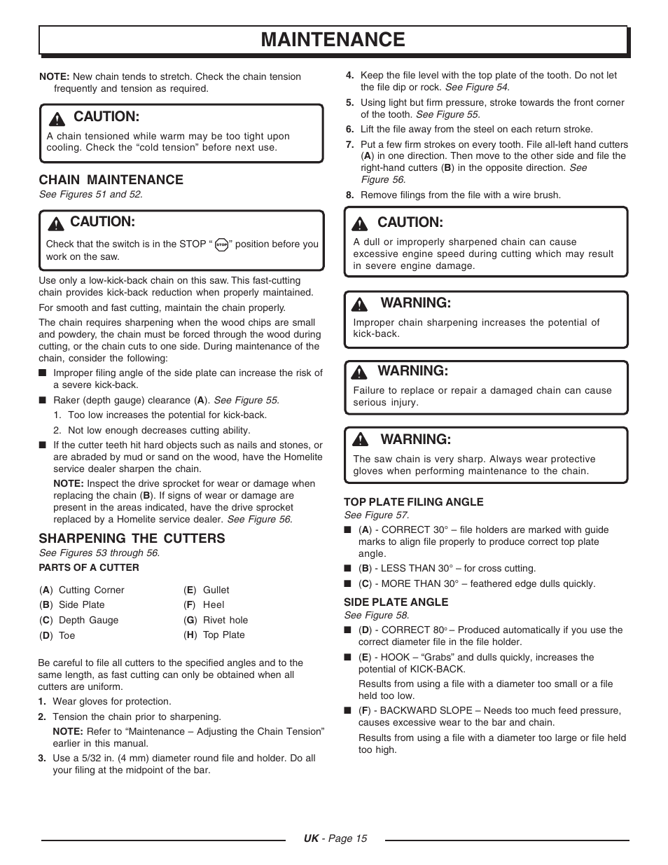 Maintenance, Caution, Warning | Homelite UT74121D User Manual | Page 15 / 20