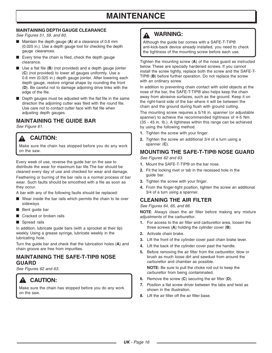 Maintenance, Caution, Warning | Homelite UT74121D User Manual | Page 16 / 20