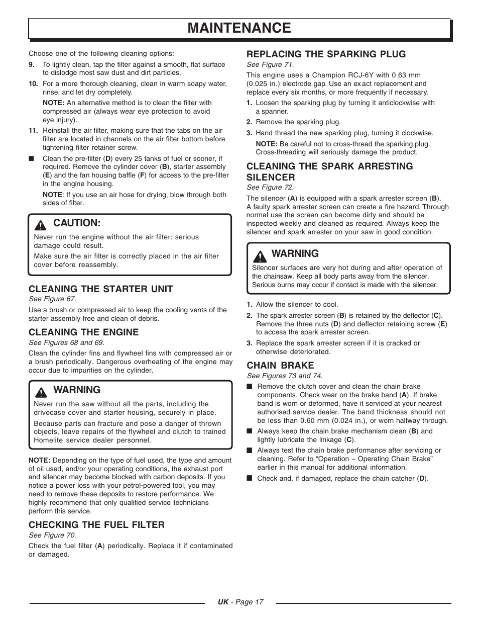 Maintenance, Caution, Warning | Homelite UT74121D User Manual | Page 17 / 20