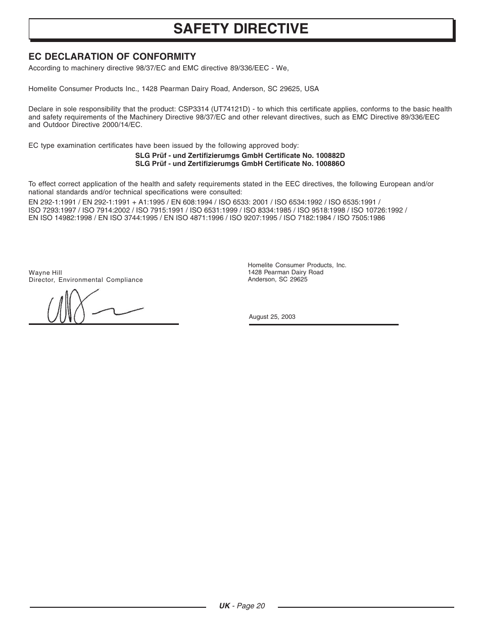 Safety directive | Homelite UT74121D User Manual | Page 20 / 20