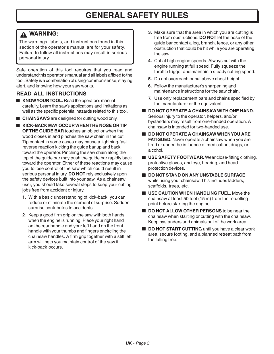 General safety rules, Warning | Homelite UT74121D User Manual | Page 3 / 20