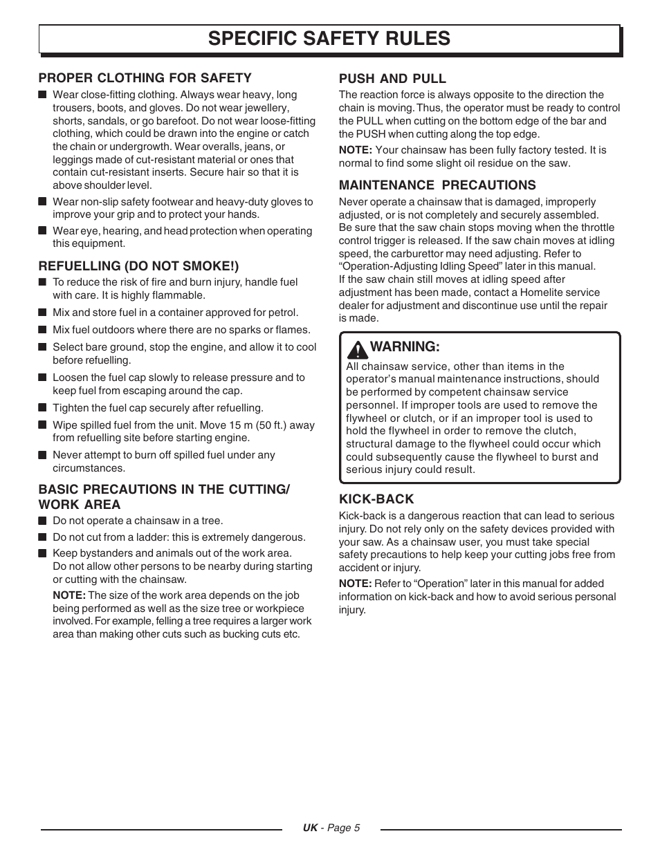 Specific safety rules, Warning | Homelite UT74121D User Manual | Page 5 / 20