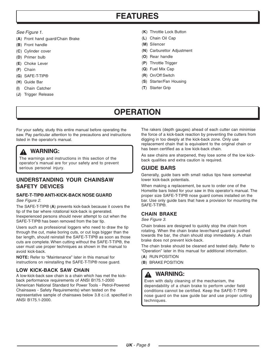 Features operation, Warning | Homelite UT74121D User Manual | Page 8 / 20