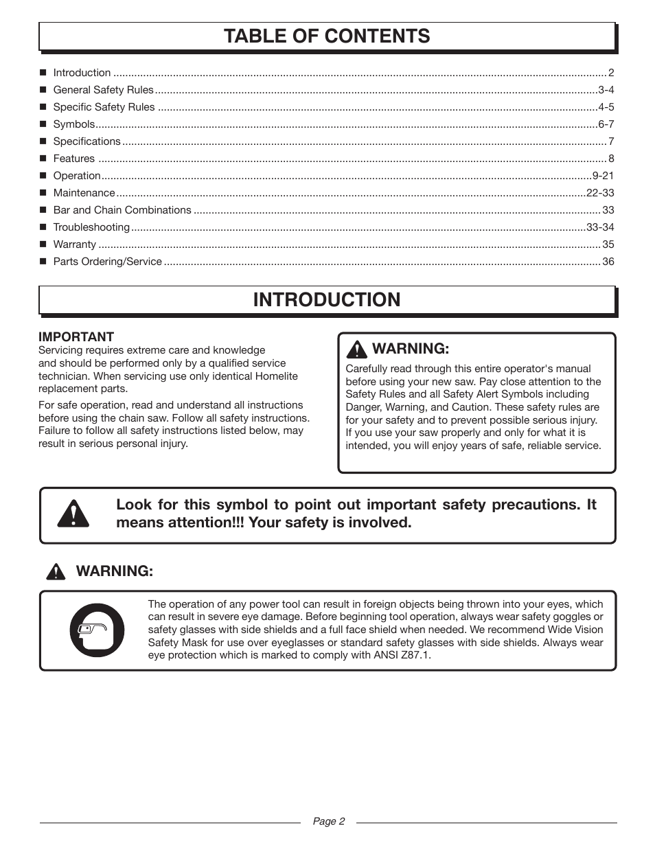 Introduction table of contents | Homelite UT10947E User Manual | Page 2 / 36