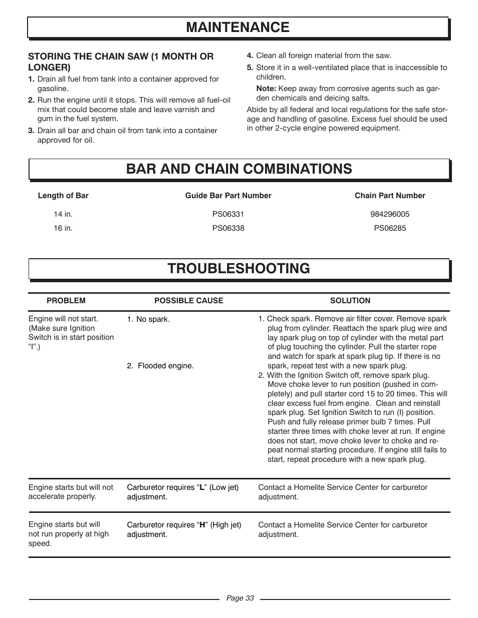 Bar and chain combinations troubleshooting, Maintenance | Homelite UT10947E User Manual | Page 33 / 36