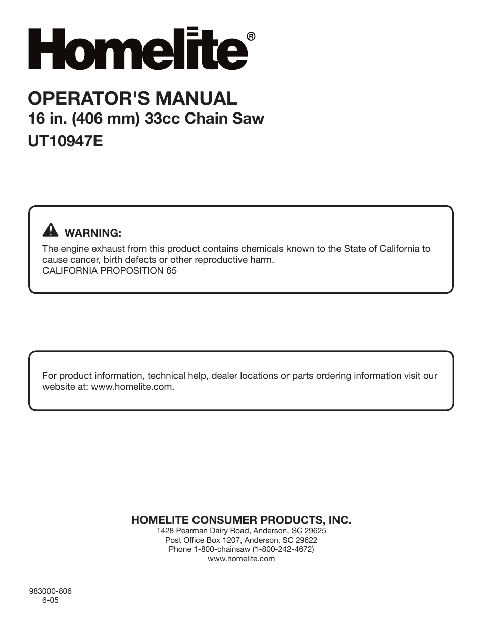 Operator's manual | Homelite UT10947E User Manual | Page 36 / 36