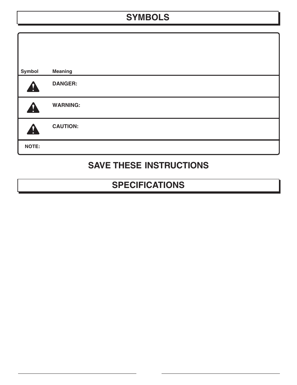 Save these instructions, Symbols specifications | Homelite UT10947E User Manual | Page 7 / 36