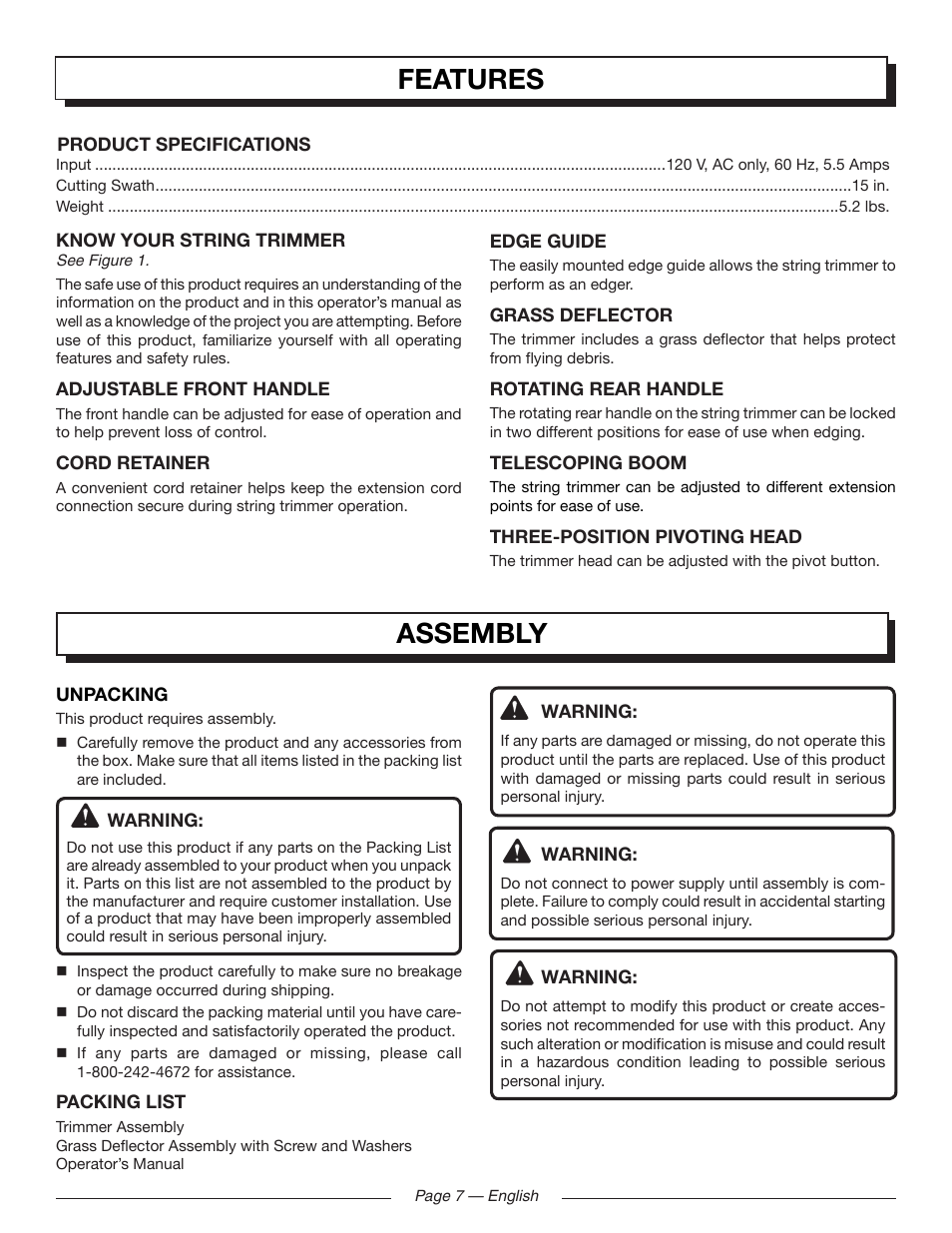Features, Assembly | Homelite UT41120 User Manual | Page 11 / 40