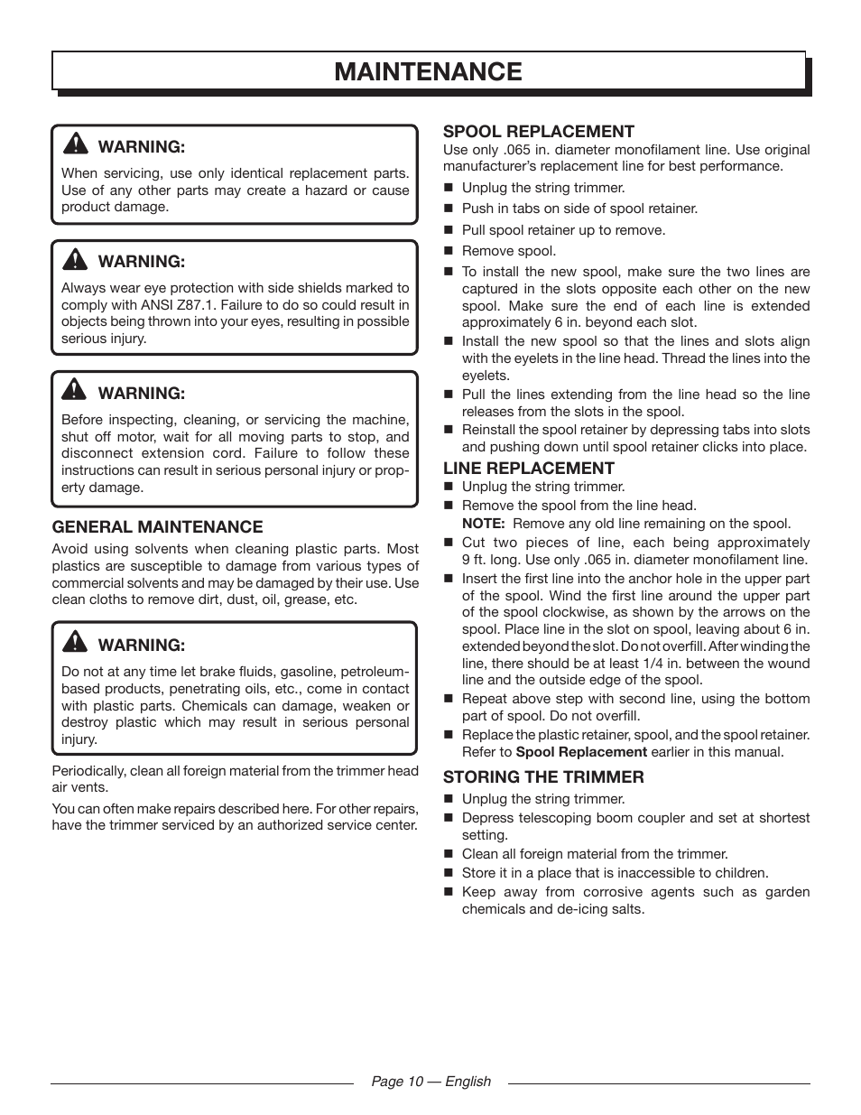 Maintenance | Homelite UT41120 User Manual | Page 14 / 40