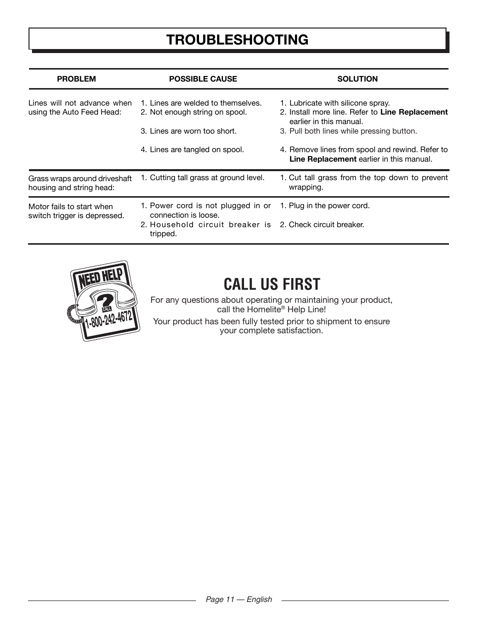 Call us first, Troubleshooting | Homelite UT41120 User Manual | Page 15 / 40