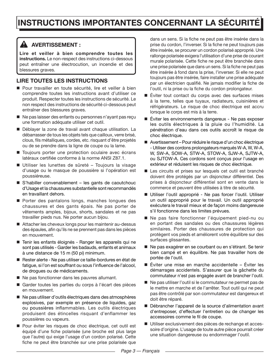 Instructions importantes concernant la sécurité | Homelite UT41120 User Manual | Page 18 / 40