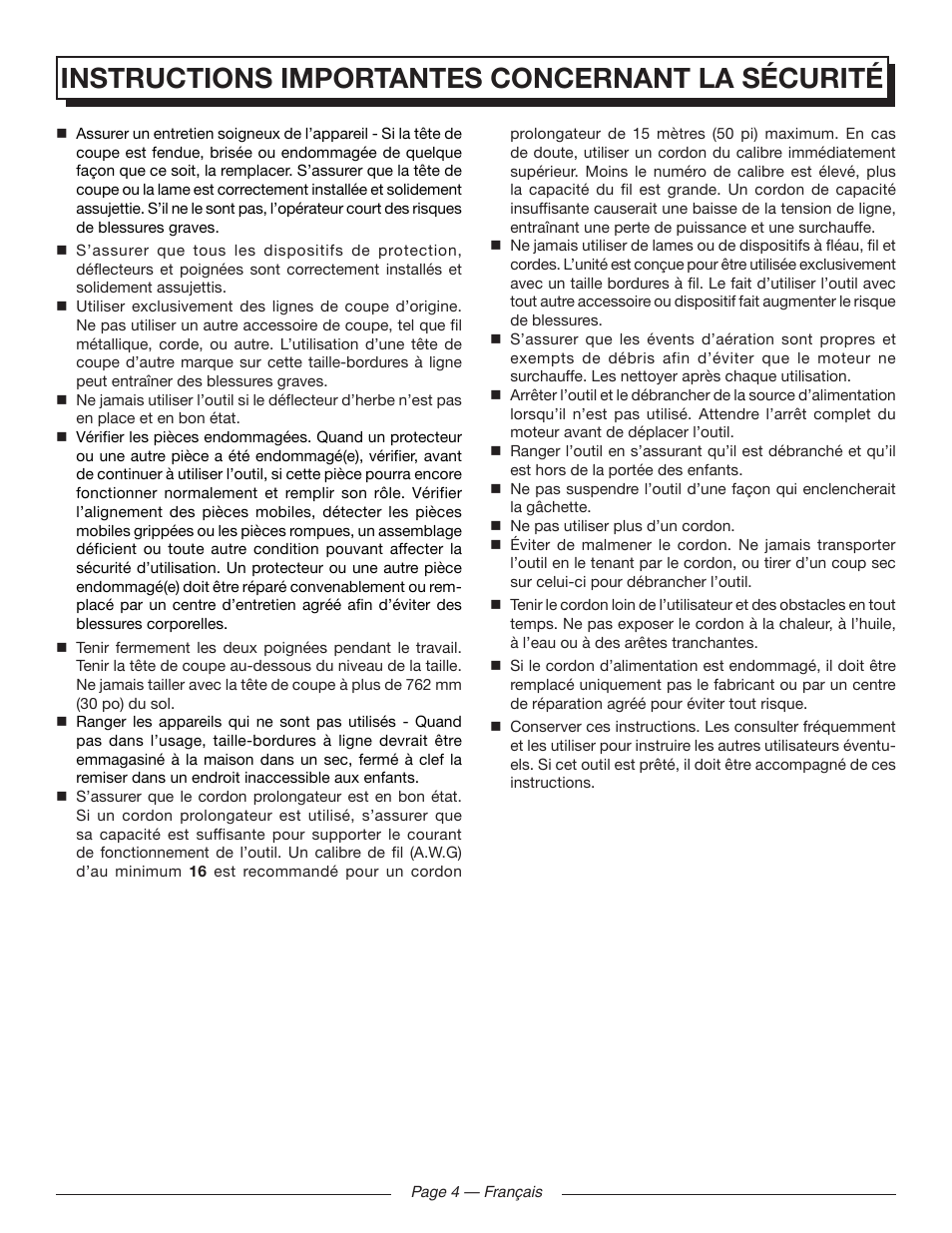 Instructions importantes concernant la sécurité | Homelite UT41120 User Manual | Page 19 / 40