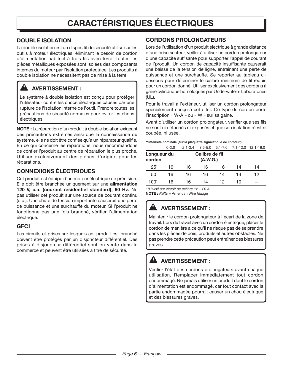 Caractéristiques électriques | Homelite UT41120 User Manual | Page 21 / 40