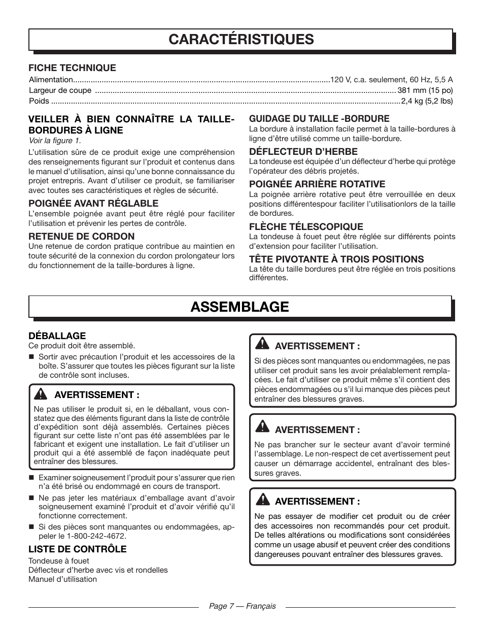 Caractéristiques, Assemblage | Homelite UT41120 User Manual | Page 22 / 40