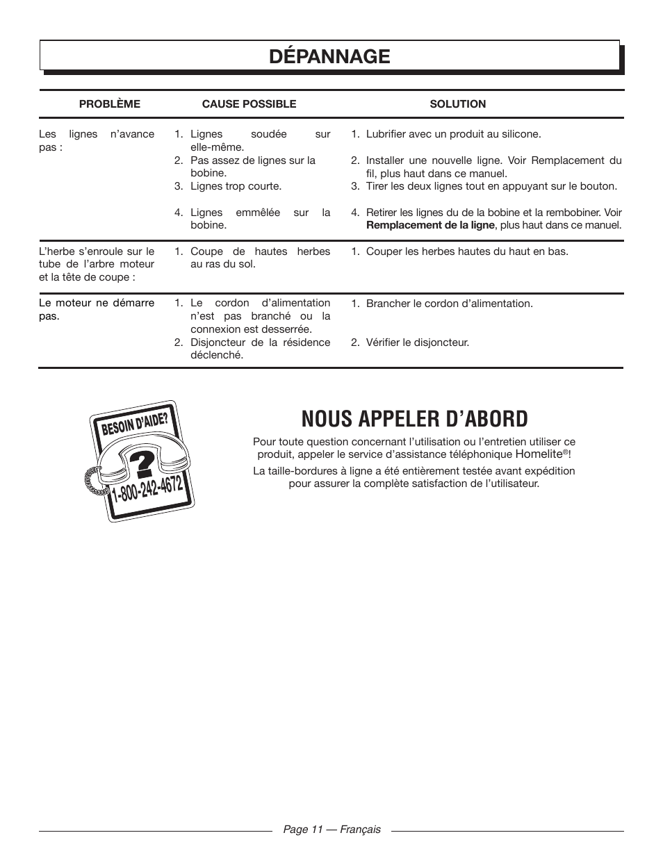 Nous appeler d’abord, Dépannage, Besoin d’aid e | Homelite UT41120 User Manual | Page 26 / 40