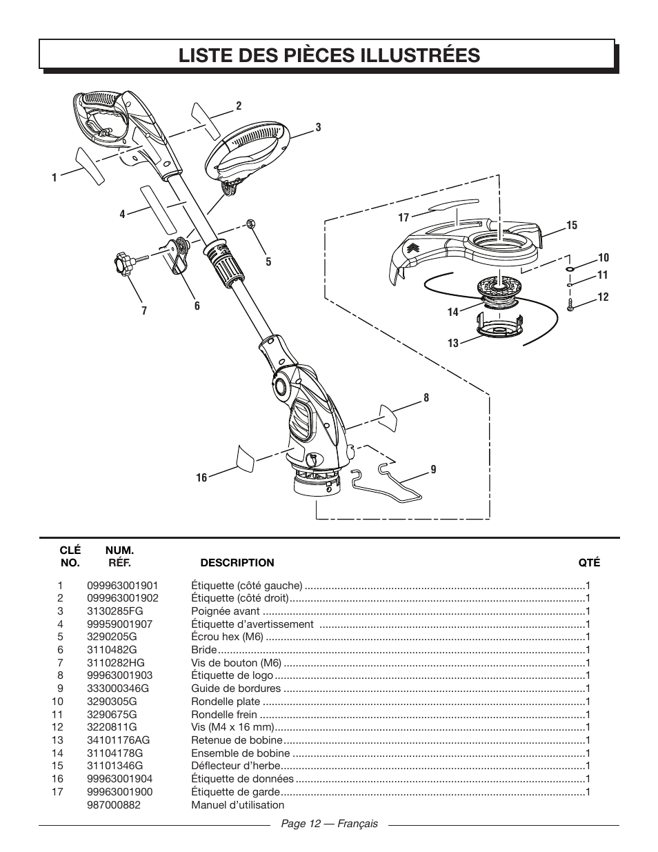 Liste des pièces illustrées | Homelite UT41120 User Manual | Page 27 / 40