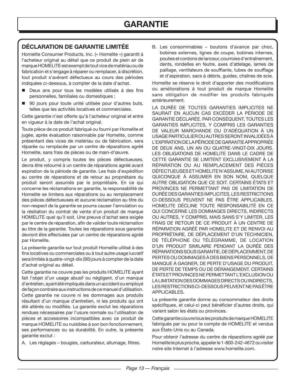Garantie | Homelite UT41120 User Manual | Page 28 / 40
