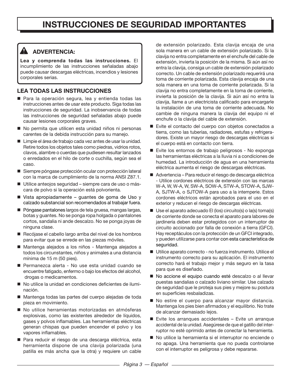 Instrucciones de seguridad importantes | Homelite UT41120 User Manual | Page 29 / 40