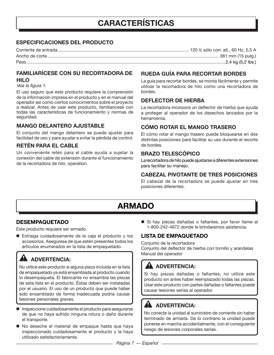 Características, Armado | Homelite UT41120 User Manual | Page 33 / 40