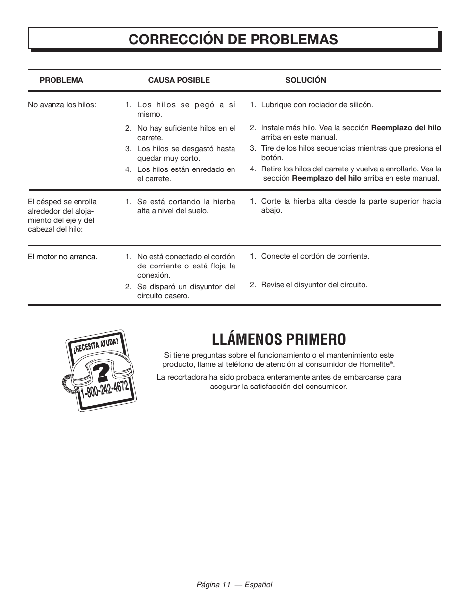 Llámenos primero, Corrección de problemas | Homelite UT41120 User Manual | Page 37 / 40
