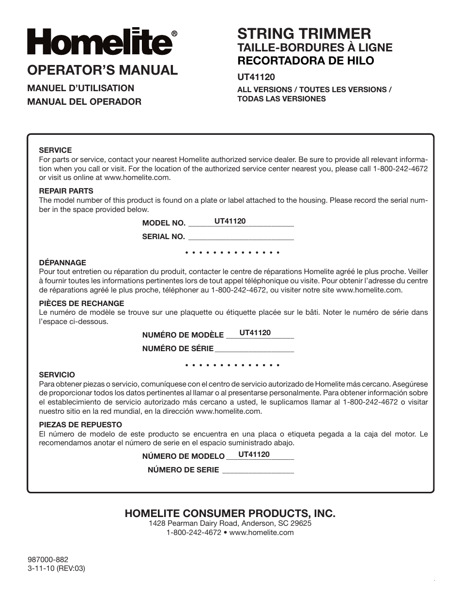 String trimmer, Operator’s manual, Taille-bordures à ligne recortadora de hilo | Homelite consumer products, inc | Homelite UT41120 User Manual | Page 40 / 40