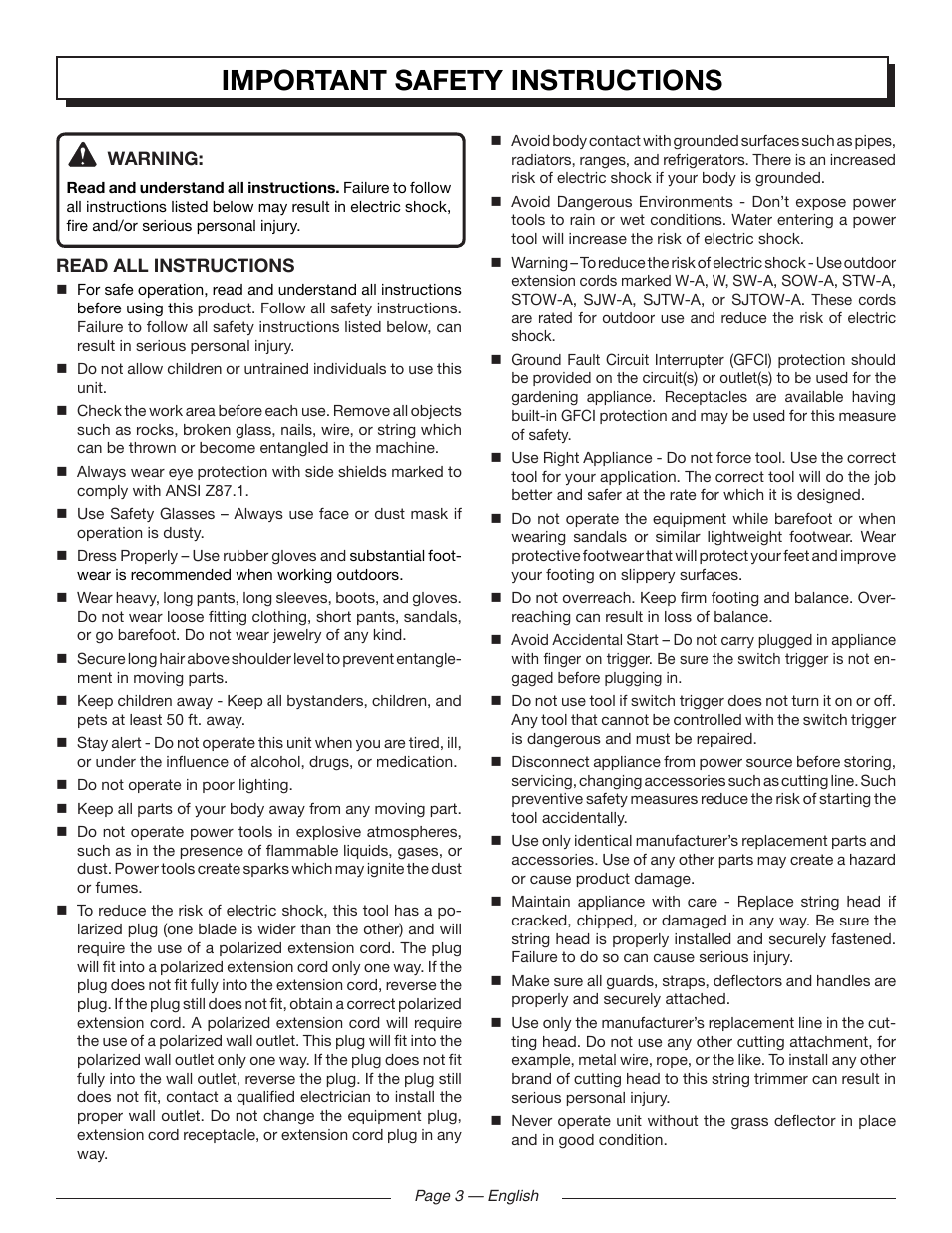 Important safety instructions | Homelite UT41120 User Manual | Page 7 / 40