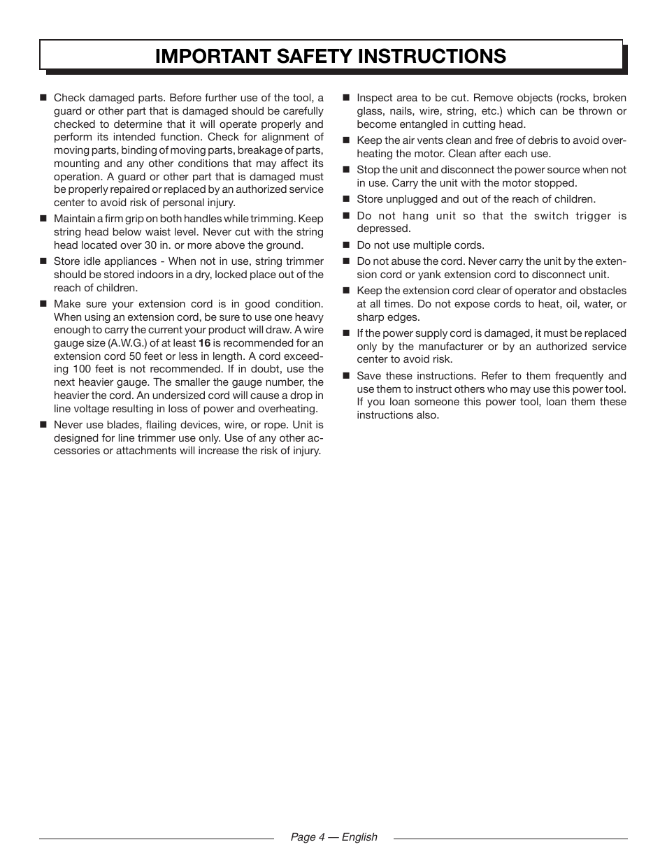 Important safety instructions | Homelite UT41120 User Manual | Page 8 / 40