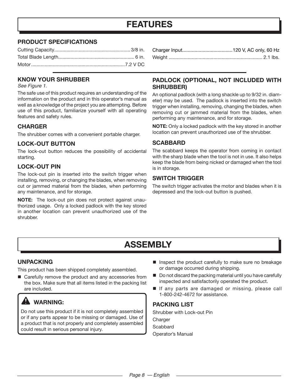 Features, Assembly | Homelite UT44171 User Manual | Page 10 / 42