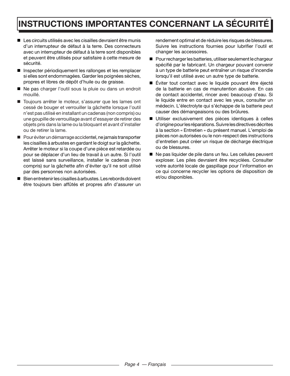 Instructions importantes concernant la sécurité | Homelite UT44171 User Manual | Page 18 / 42