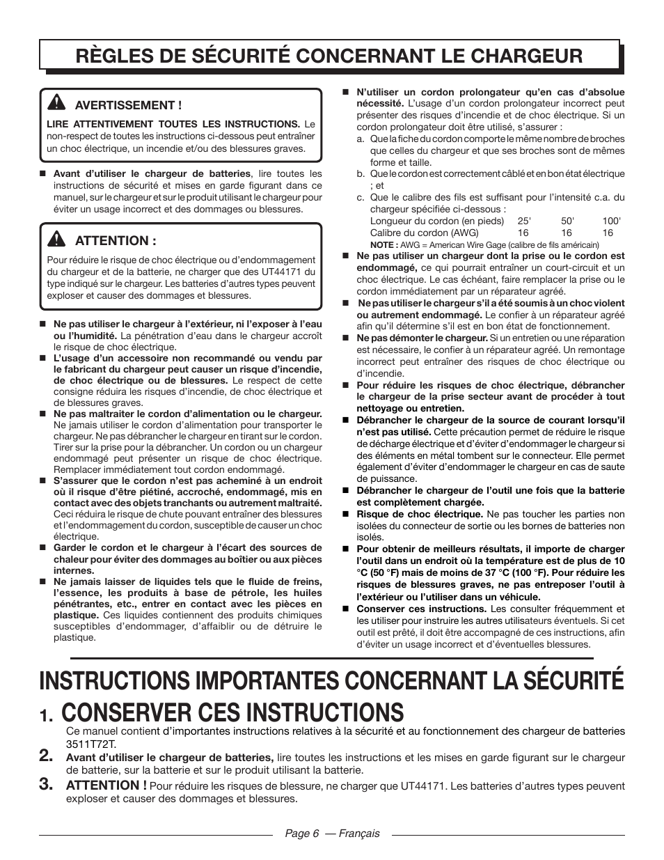 Conserver ces instructions, Instructions importantes concernant la sécurité, Règles de sécurité concernant le chargeur | Homelite UT44171 User Manual | Page 20 / 42