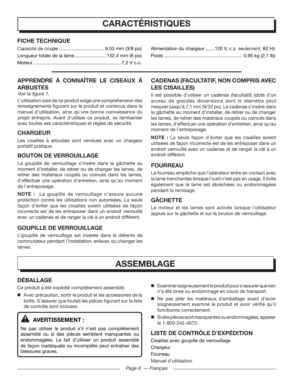 Caractéristiques, Assemblage | Homelite UT44171 User Manual | Page 22 / 42