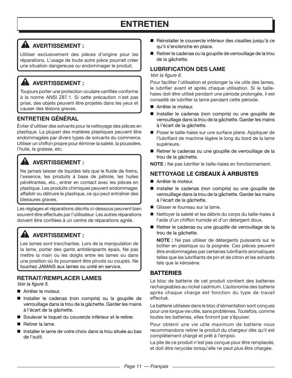 Entretien | Homelite UT44171 User Manual | Page 25 / 42