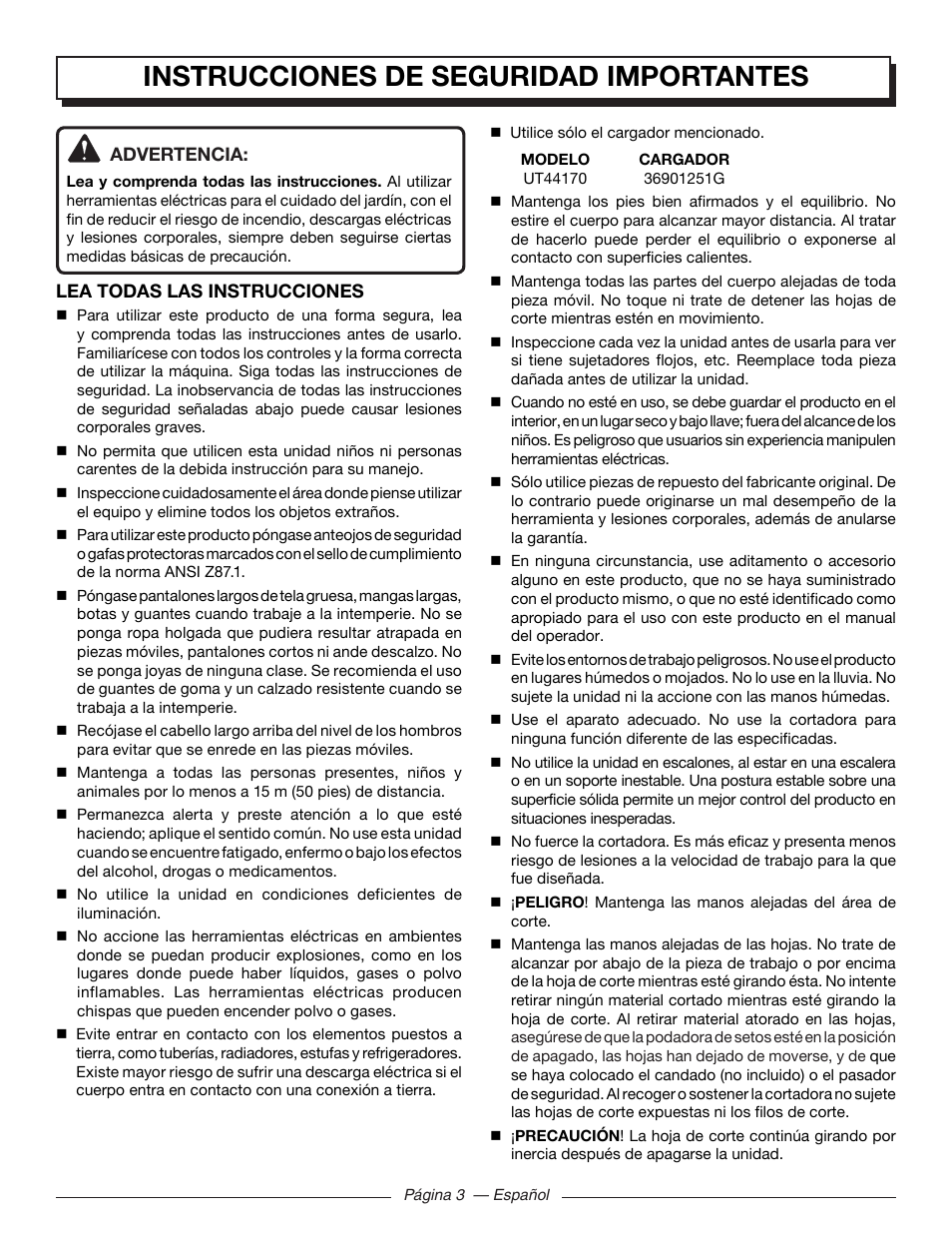 Instrucciones de seguridad importantes | Homelite UT44171 User Manual | Page 29 / 42