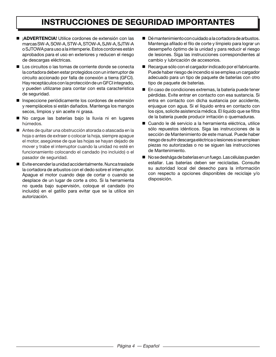 Instrucciones de seguridad importantes | Homelite UT44171 User Manual | Page 30 / 42