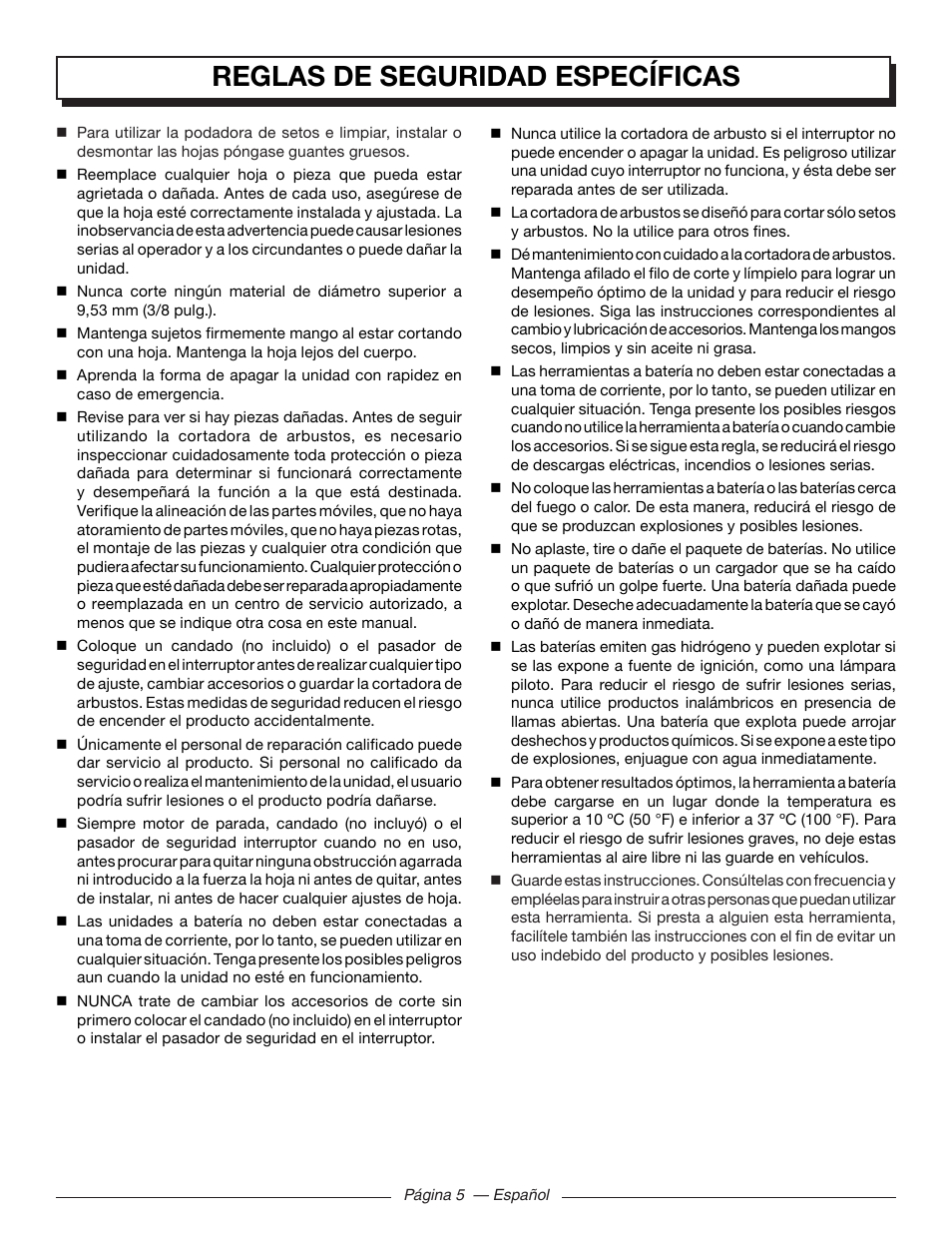 Reglas de seguridad específicas | Homelite UT44171 User Manual | Page 31 / 42