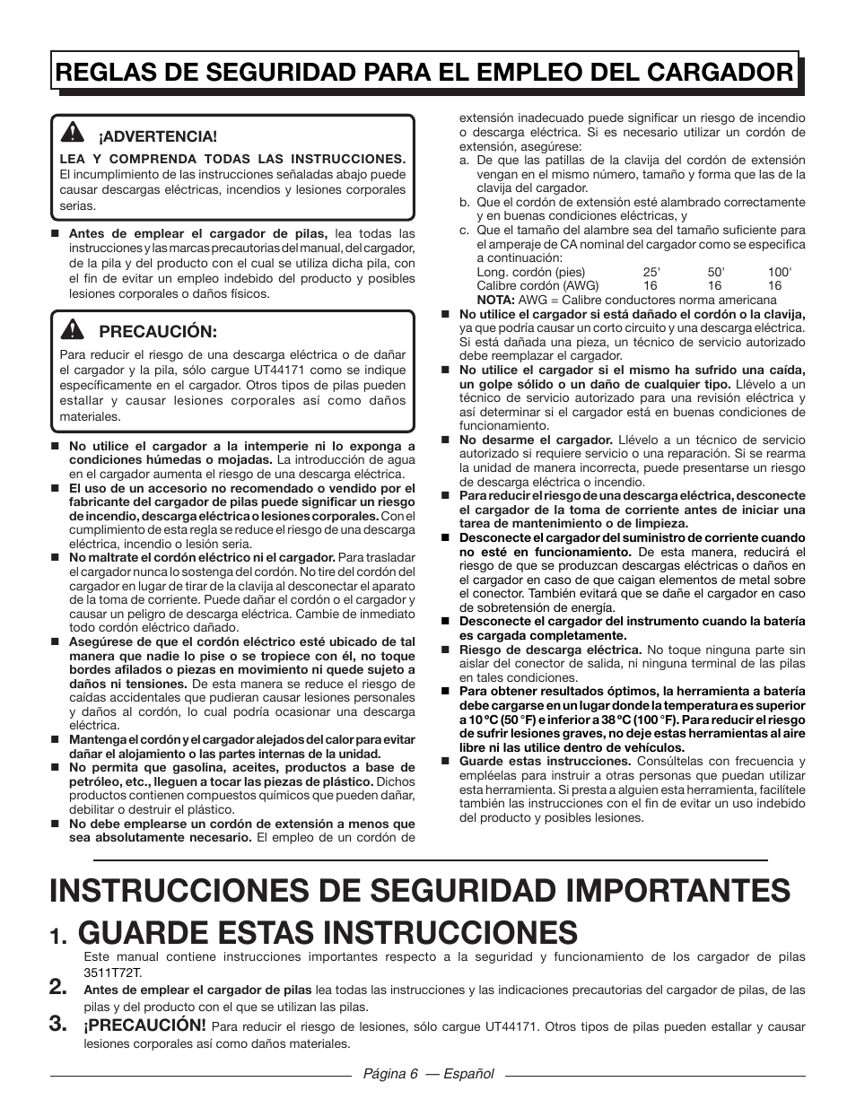 Instrucciones de seguridad importantes, Guarde estas instrucciones, Reglas de seguridad para el empleo del cargador | Homelite UT44171 User Manual | Page 32 / 42