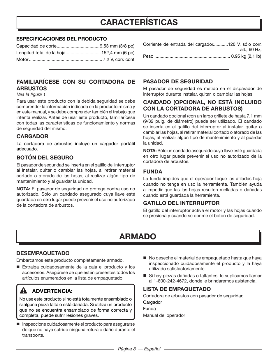 Características, Armado | Homelite UT44171 User Manual | Page 34 / 42