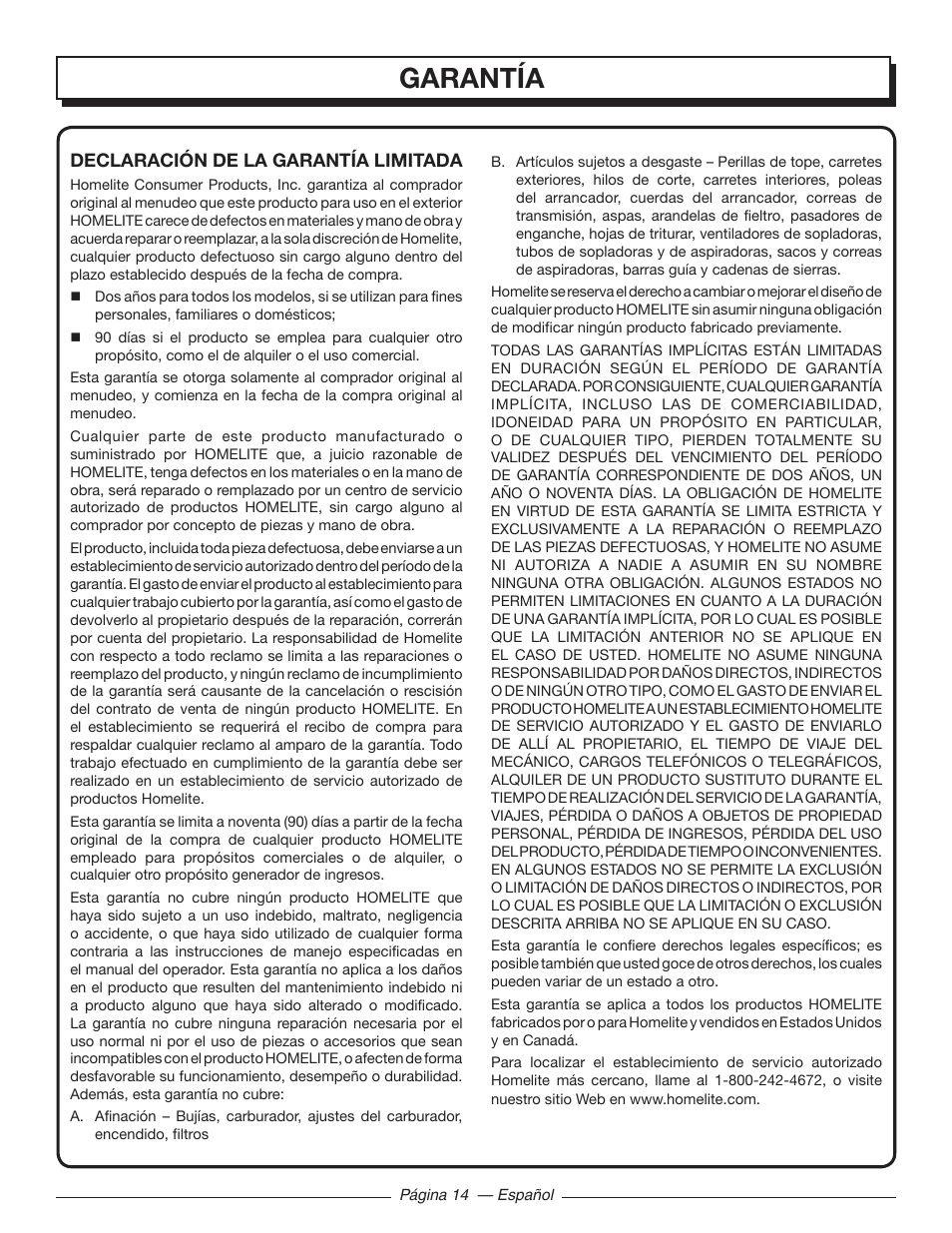 Garantía | Homelite UT44171 User Manual | Page 40 / 42